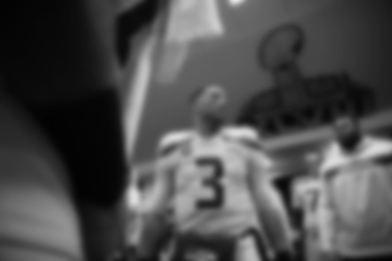 Quarterback Russell Wilson talks to the team before they leave the locker room for pregame introductions.