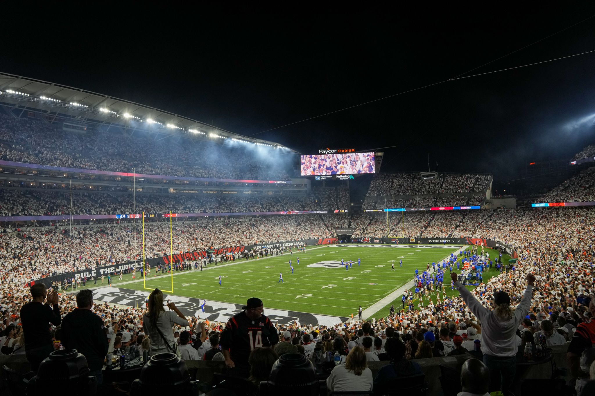Fans cheer during the Rams-Bengals Monday Night Football Game on September 25, 2023 at Paycor Stadium in Cincinnati, Ohio.