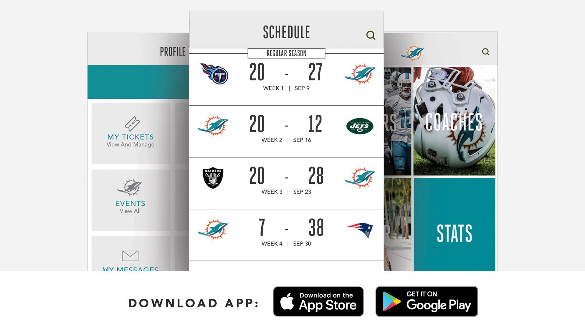 Graphic: Download The Dolphins App - Includes Screenshots of Profile, Schedule and Menus Pages