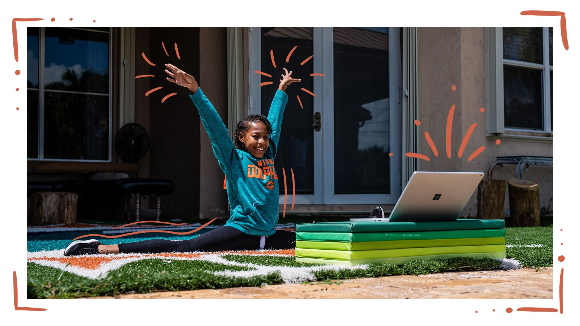 Image: Junior Cheerleader Taking Virtual Class