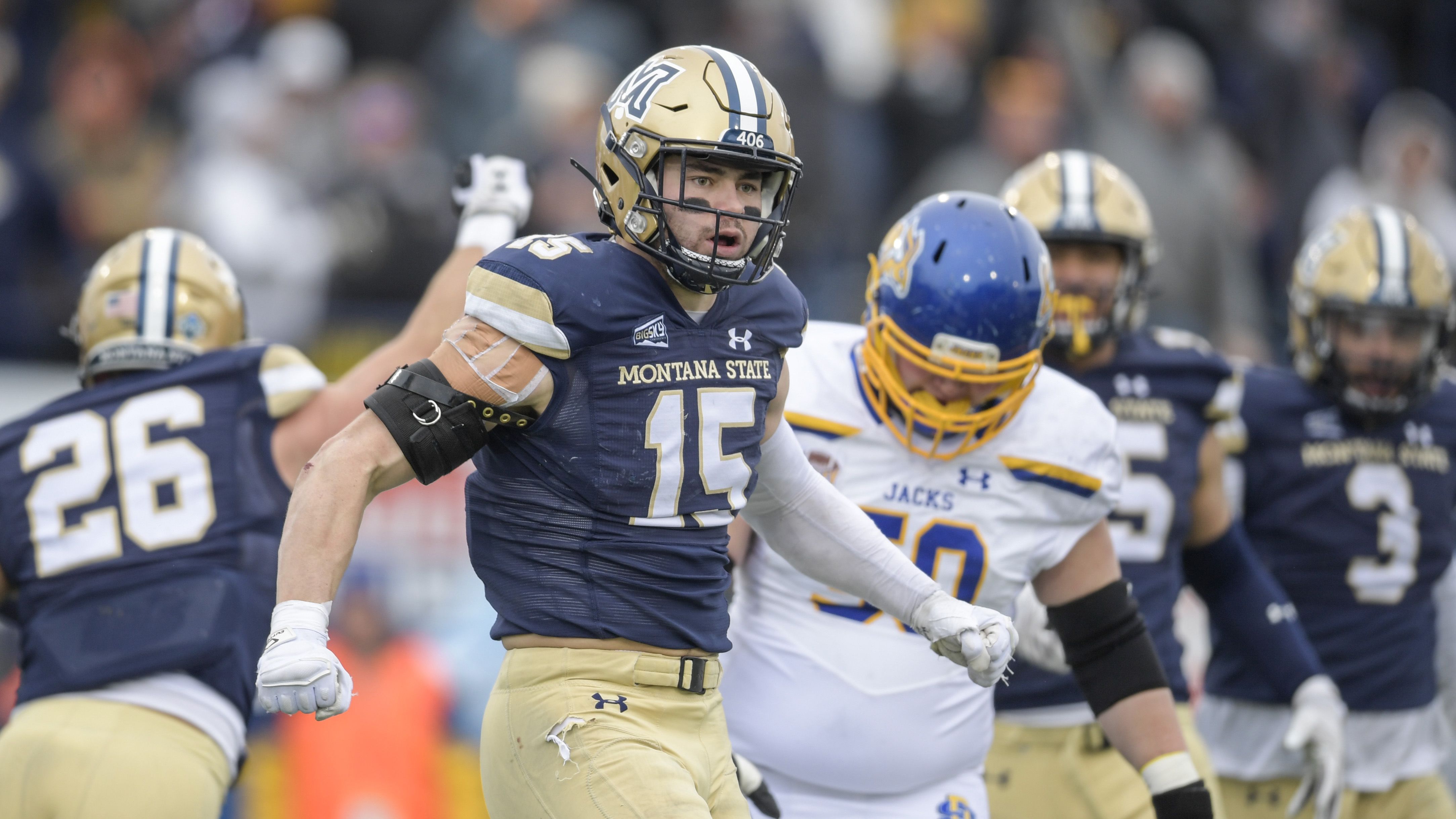 Montana State linebacker Troy Andersen (15) celebrates after a sack in the second half during a NCAA college football game in the semifinals of the FCS playoffs, Saturday, Dec. 18, 2021, in Bozeman, Mont. Montana State won 31-17. (AP Photo/Tommy Martino)