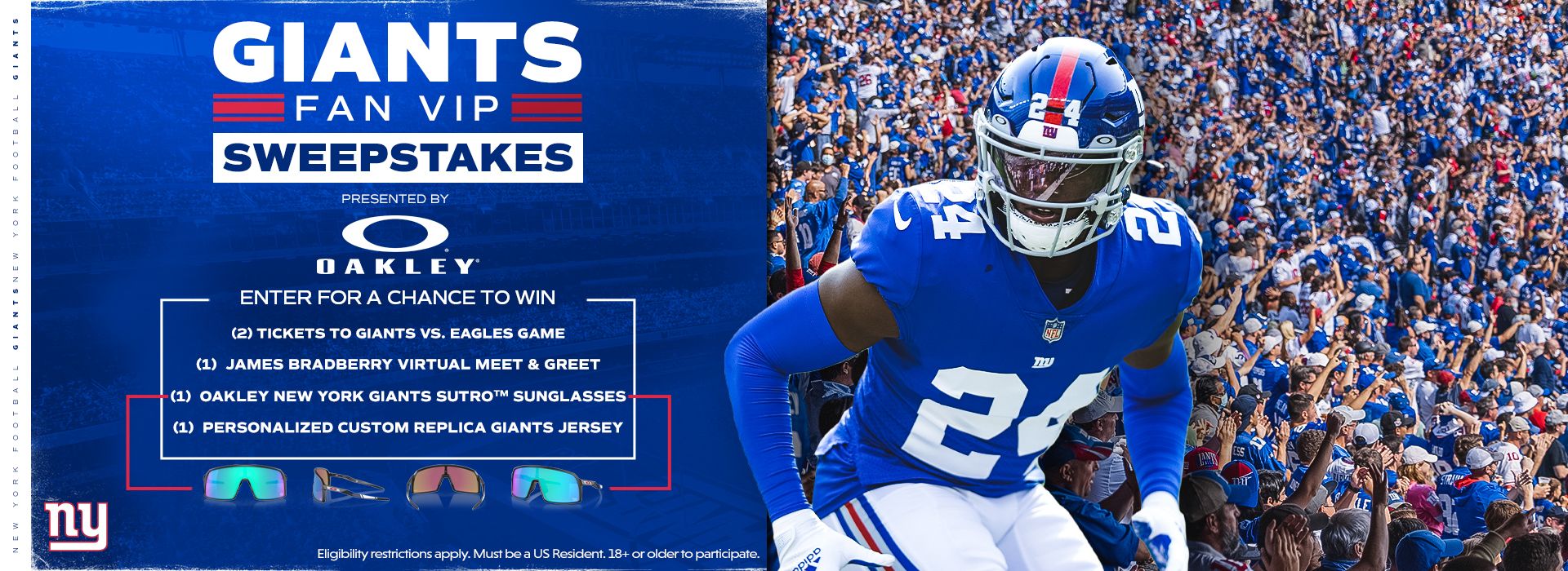 Giants Fan VIP Sweepstakes presented by Oakley  Enter to win Giants tickets,  James Bradberry virtual meet & greet, Oakley sunglasses