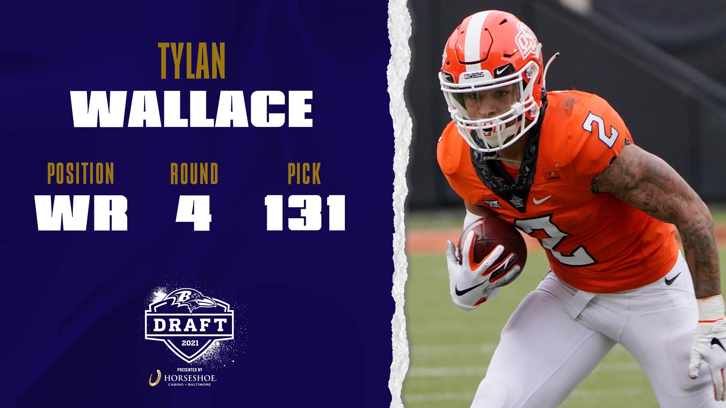 Baltimore Ravens 2021 NFL Draft presented by Horseshoe Casino

Tylan Wallace, Wide Receiver, Round 4, Pick 131