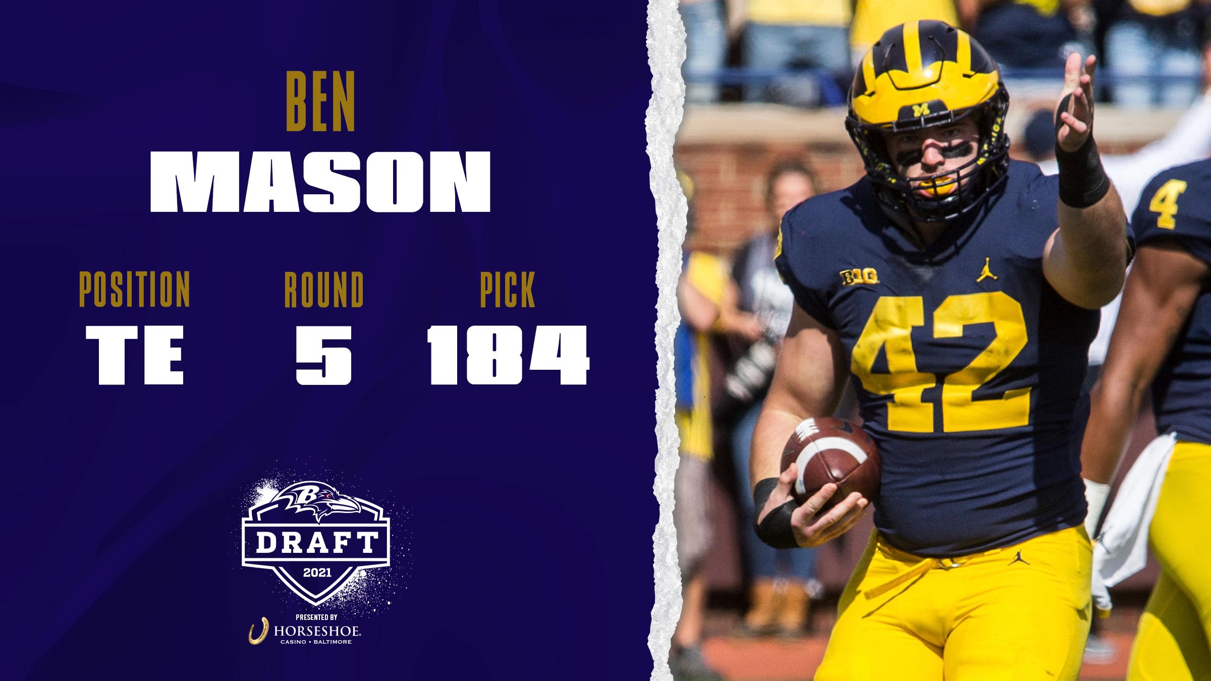 Baltimore Ravens 2021 NFL Draft presented by Horseshoe Casino

Ben Mason, Tight End, Round 5, Pick 184