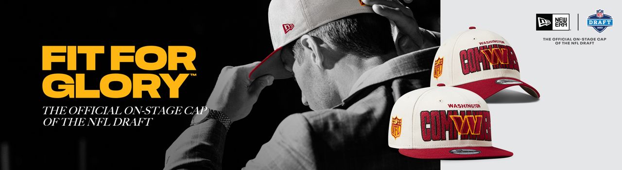 Photo of the 2023 Commanders draft hat with Washington written in cursive overlayed on top of the word Commanders. Caption reading "Fit For Glory. The Official On-Stage Cap of the NFL Draft." Image is a link to the team store.