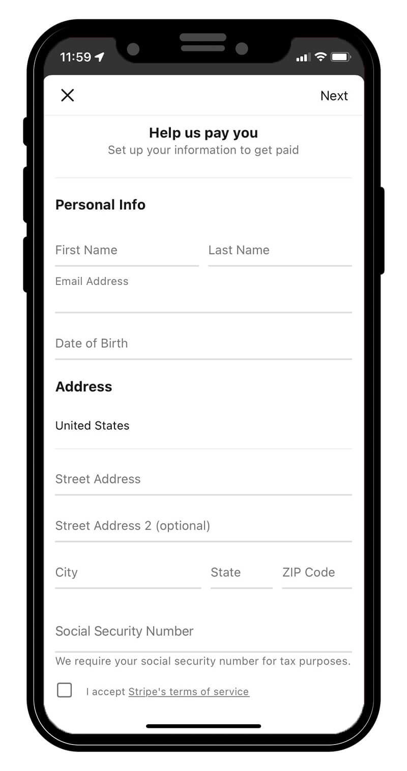 To add a payout option, tap "Payout" and enter in your information and tap "Next".