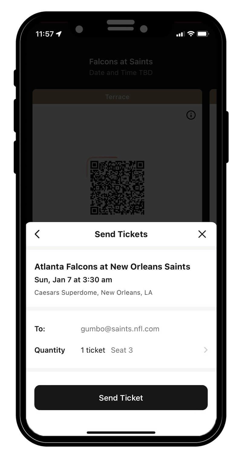 Select the tickets you wish to transfer and tap "Send Ticket" to confirm your ticket transfer.