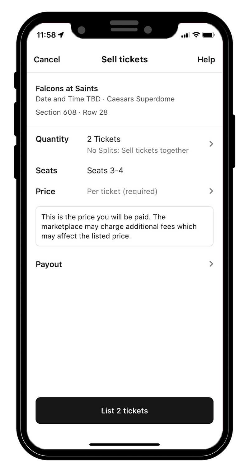 Select the ticket quantity, seat number, and the listing price. You must choose a payout Method before listing.