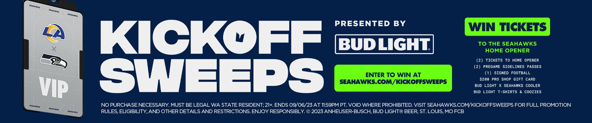 Seattle Seahawks - 1️⃣ week til MNF. The opportunity to guarantee you're  there in person is NOW! Enter for a chance to win a massive grand prize  courtesy of Bud Light and