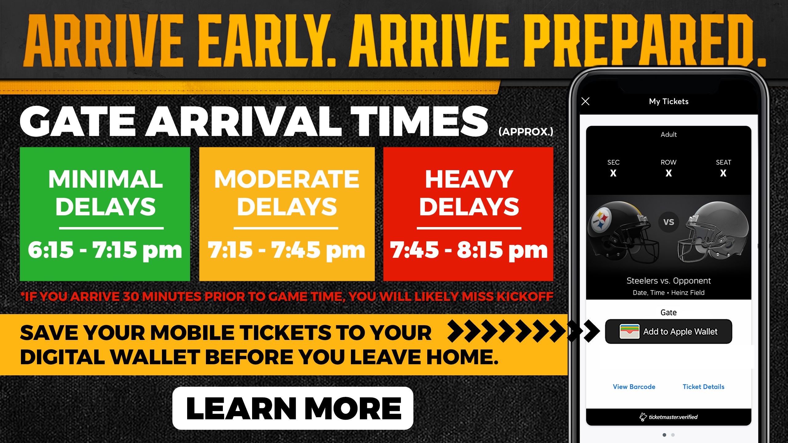 We're asking fans to arrive early & prepared for Monday night's #Steelers  game! Have your mobile tickets downloaded to your digital wallet…