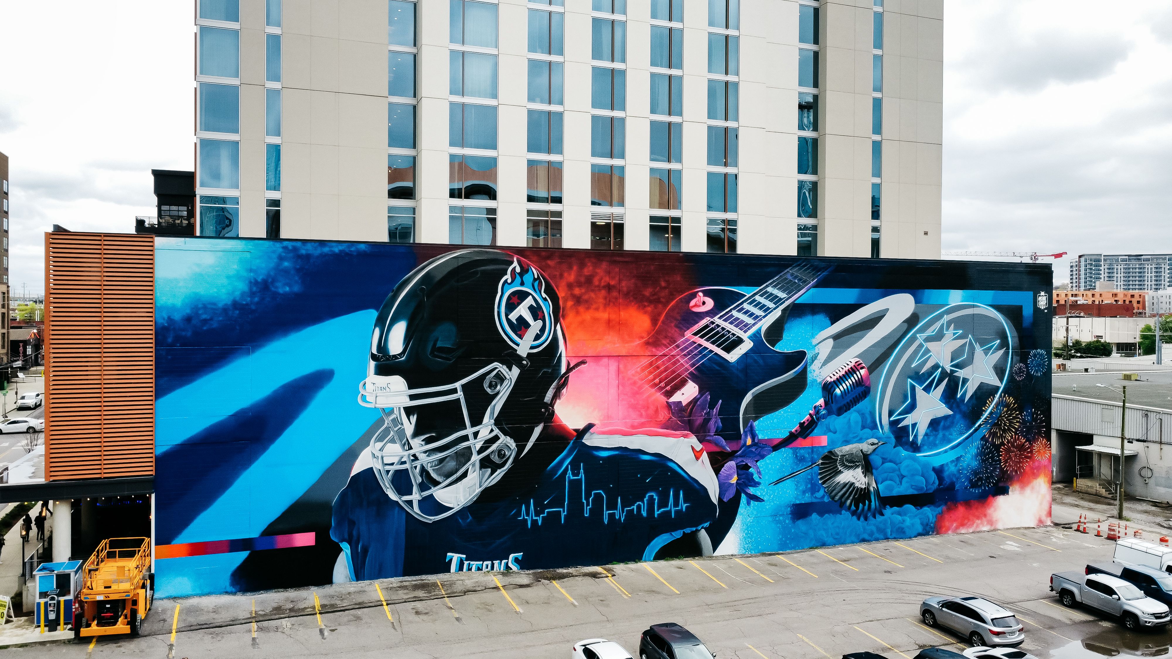 Aerial Photo of the Titans Mural at Margaritaville on April 08, 2022 in Nashville, TN. Photo via Tennessee Titans