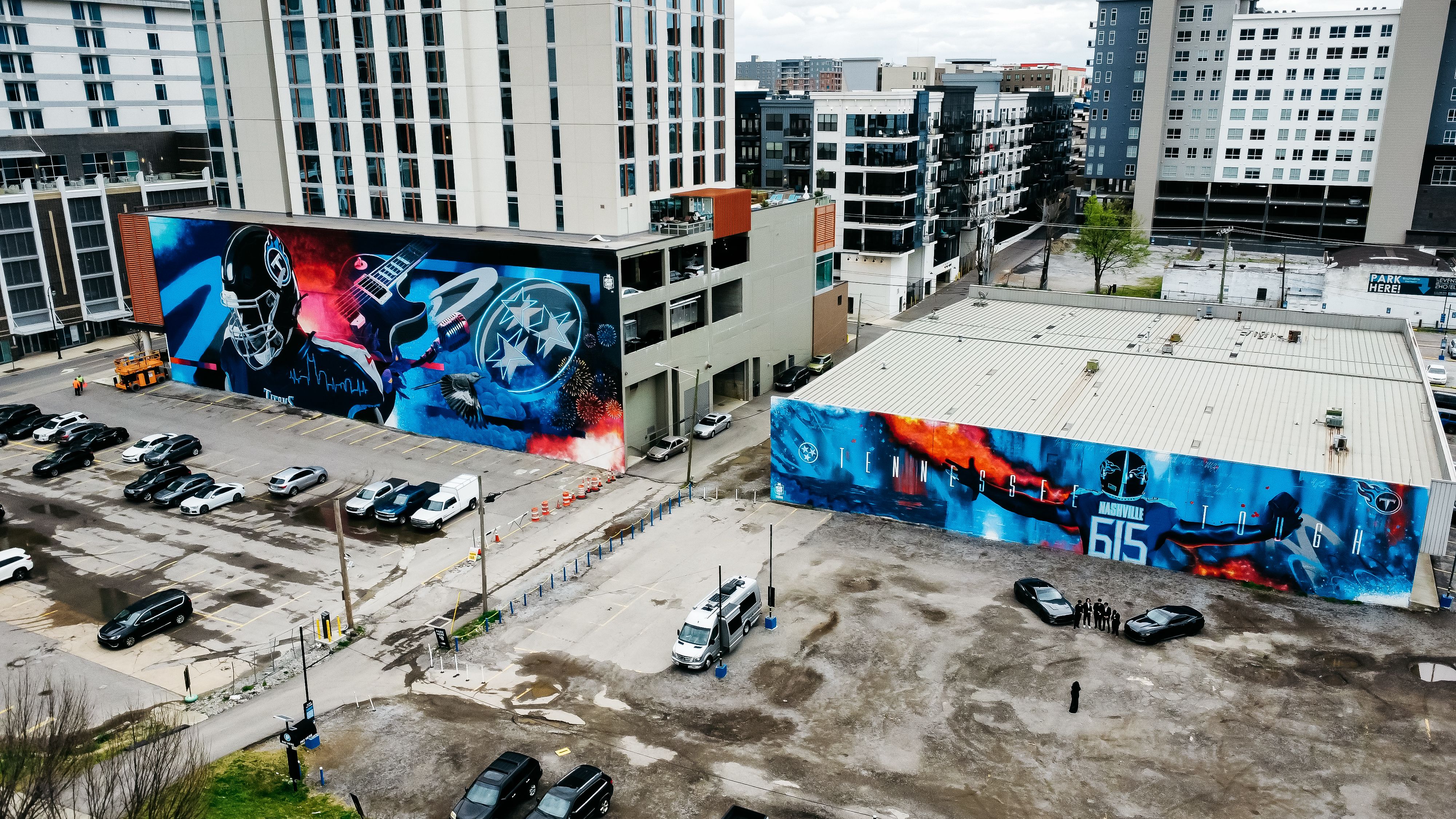 Aerial Photo of the Titans Mural at Margaritaville on April 08, 2022 in Nashville, TN. Photo via Tennessee Titans