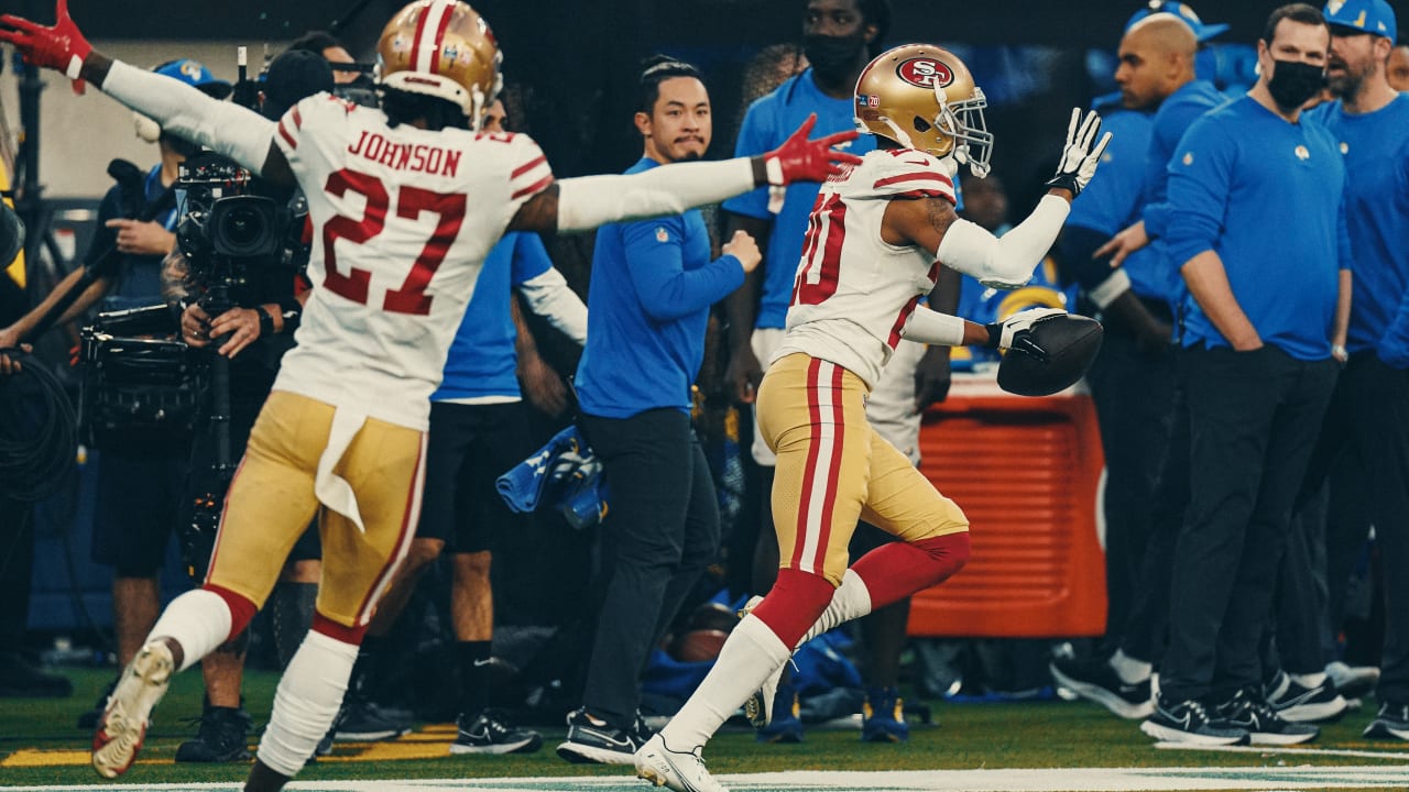 INGLEWOOD, CALIFORNIA - JANUARY 09: Ambry Thomas #20 of the San Francisco  49ers reacts following a 27-24 win over the Los Angel…