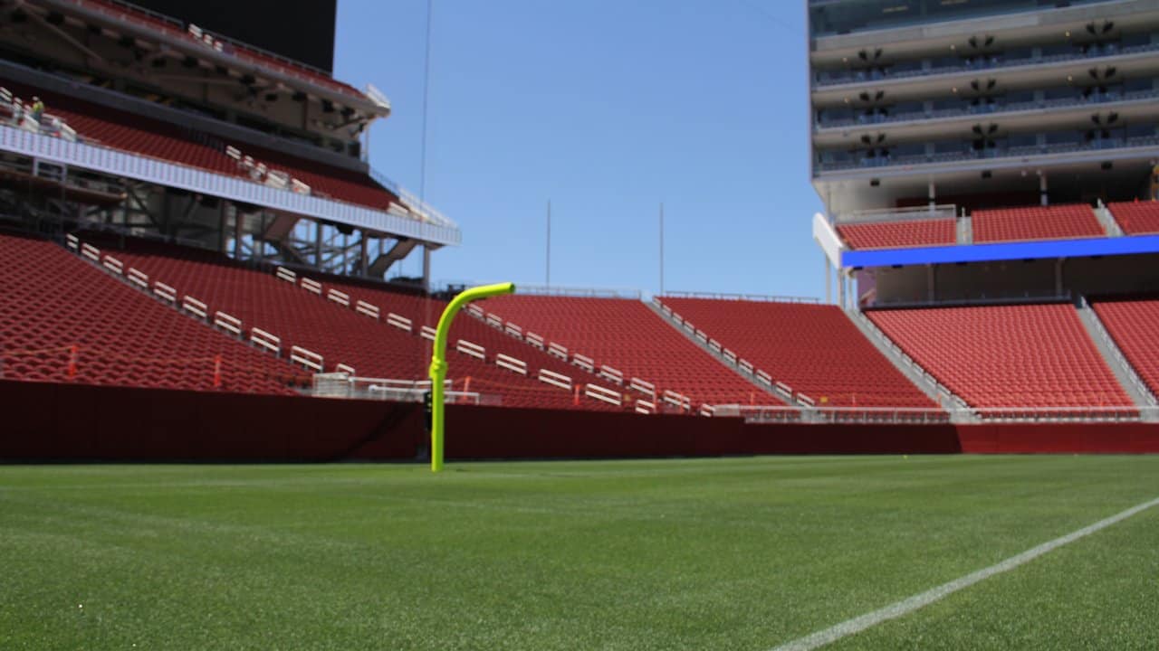 The San Francisco 49s logo painted on the field at the 50 yard