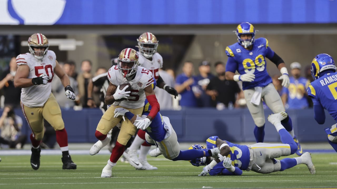 San Francisco 49ers wide receiver Jauan Jennings runs through a seam