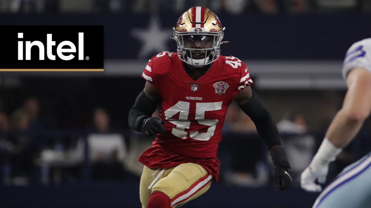 San Francisco 49ers linebacker Demetrius Flannigan-Fowles (45) against the  Los Angeles Rams in an NFL football game, Sunday, Oct. 30, 2022, in  Inglewood, Calif. The 49ers won 31-14. (AP Photo/Jeff Lewis Stock