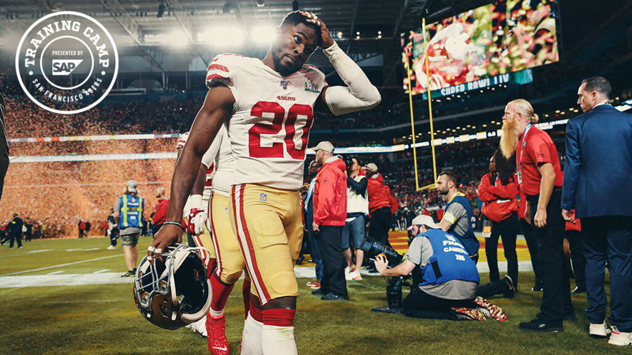 San Francisco 49ers' Kendrick Bourne (84) runs against Kansas City Chiefs'  Charvarius Ward (35) …