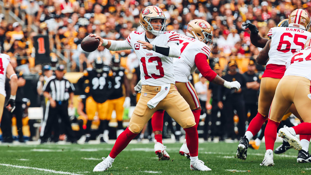 San Francisco 49ers quarterback Brock Purdy dots wide receiver Brandon  Aiyuk for 18 yards via play-action crossing route