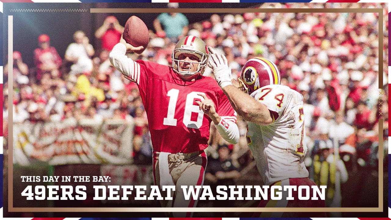 San Francisco, California, USA. 16th Sep, 1990. San Francisco 49ers vs Washington  Redskins at Candlestick Park Sunday, September 16, 1990. 49ers beat Redskins  26-13. 49er quarter back Joe Montana (16) is chased