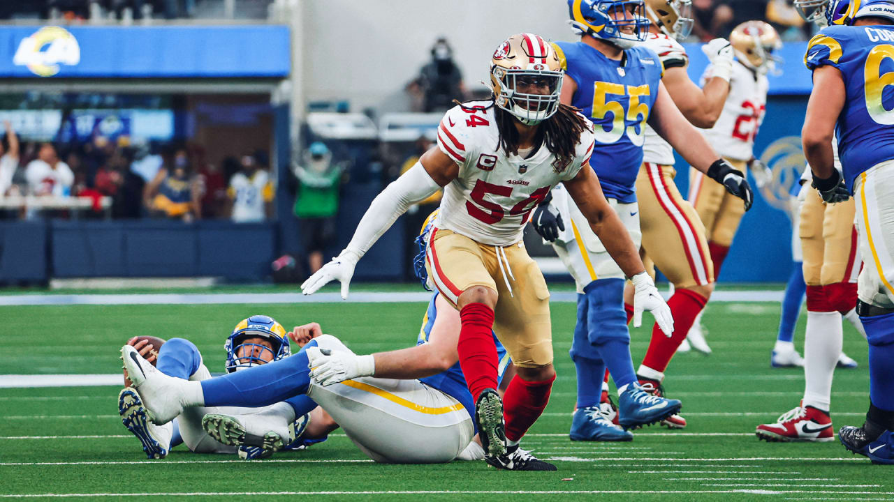 San Francisco 49ers linebacker Fred Warner celebrates after sacking Los  Angeles Chargers quarterback Easton Stick during the first half of an NFL  preseason football game Friday, Aug. 25, 2023, in Santa Clara