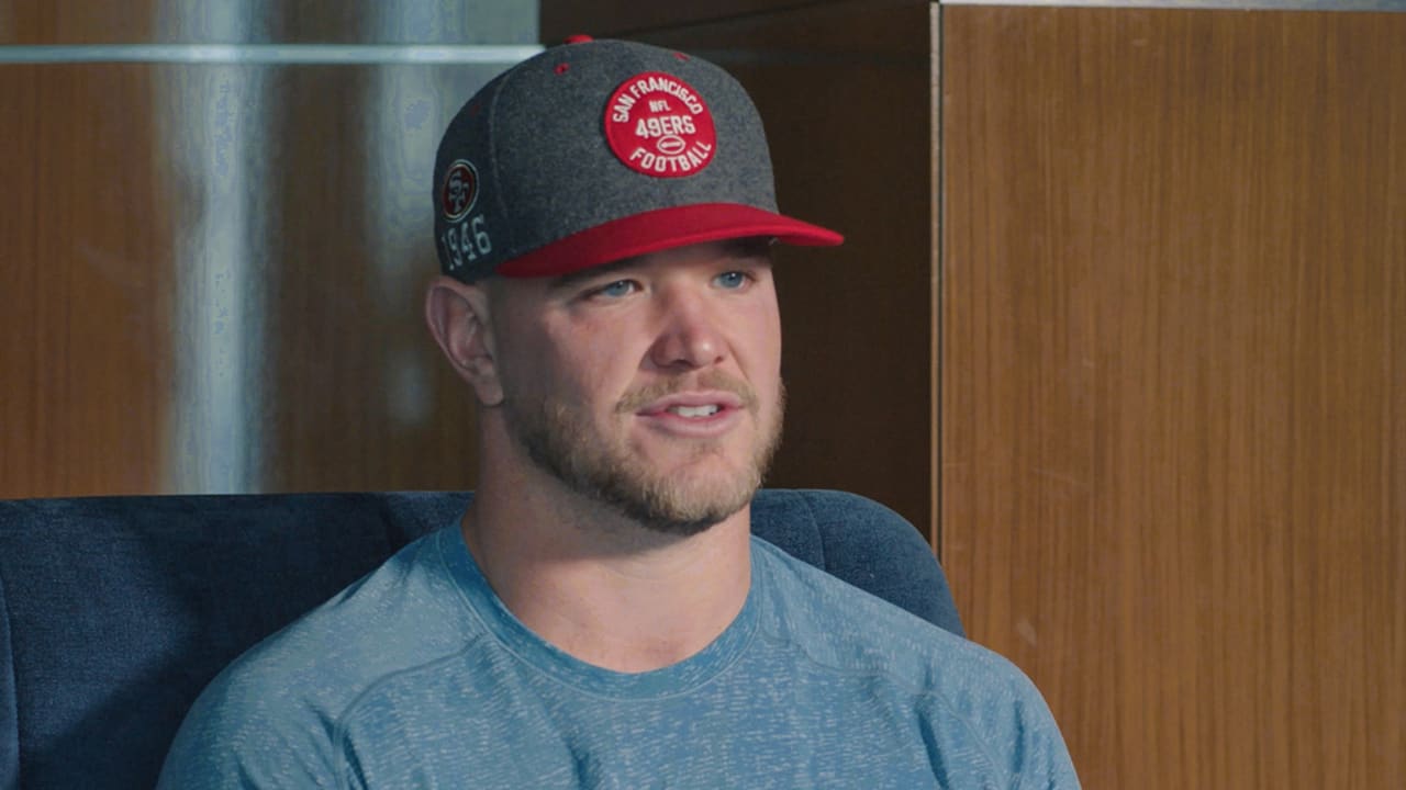 Mike McGlinchey of the San Francisco 49ers in the locker room