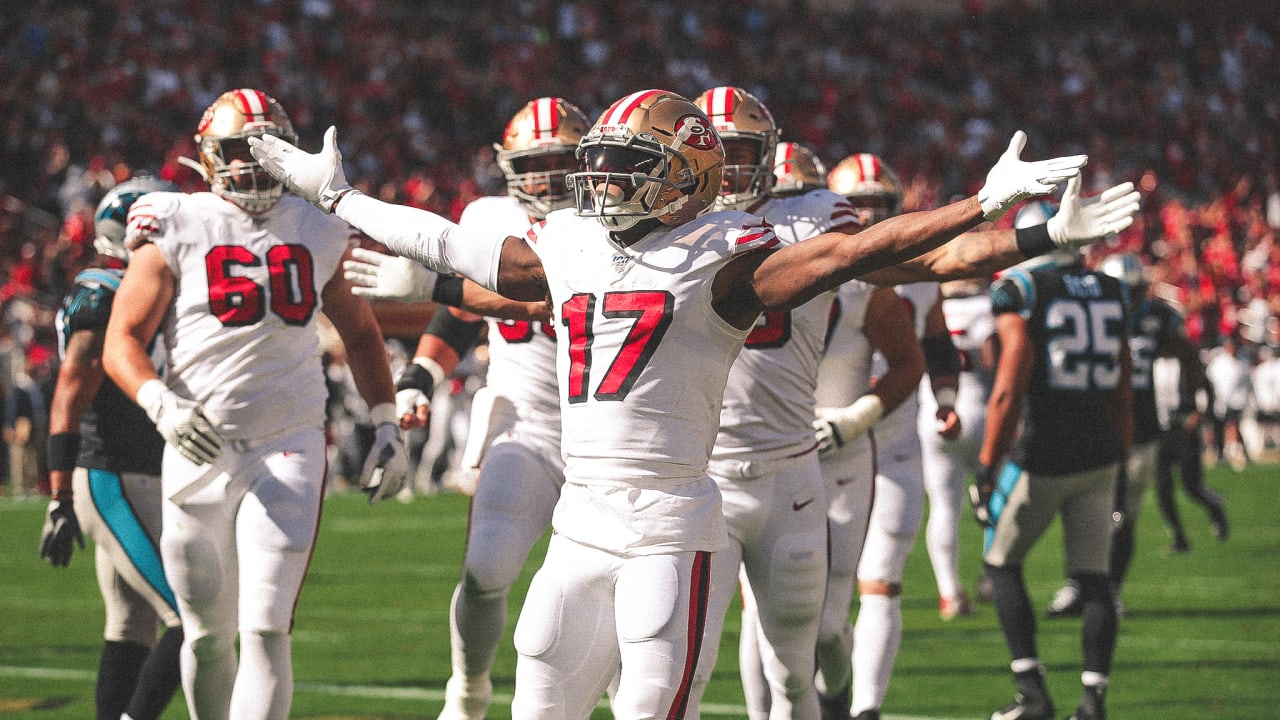 San Francisco 49ers wide receiver Emmanuel Sanders (17) pulls in touchdown  reception in the first half an NFL football game against the New Orleans  Saints in New Orleans, Sunday, Dec. 8, 2019. (