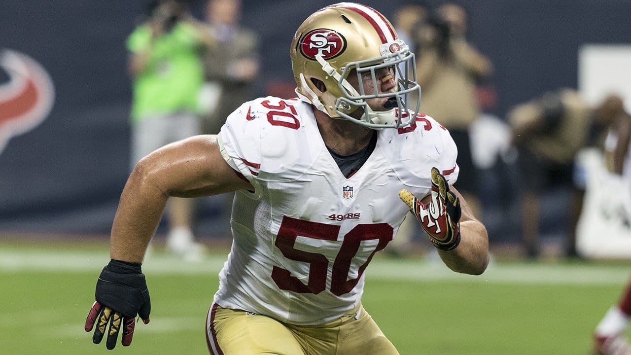 San Francisco 49ers inside linebacker Chris Borland (50) against the  Oakland Raiders during an NFL game at O.com Coliseum in Oakland, Calif. on  Sunday, Dec. 7, 2014. (AP Photo/Michael Zito Stock Photo 