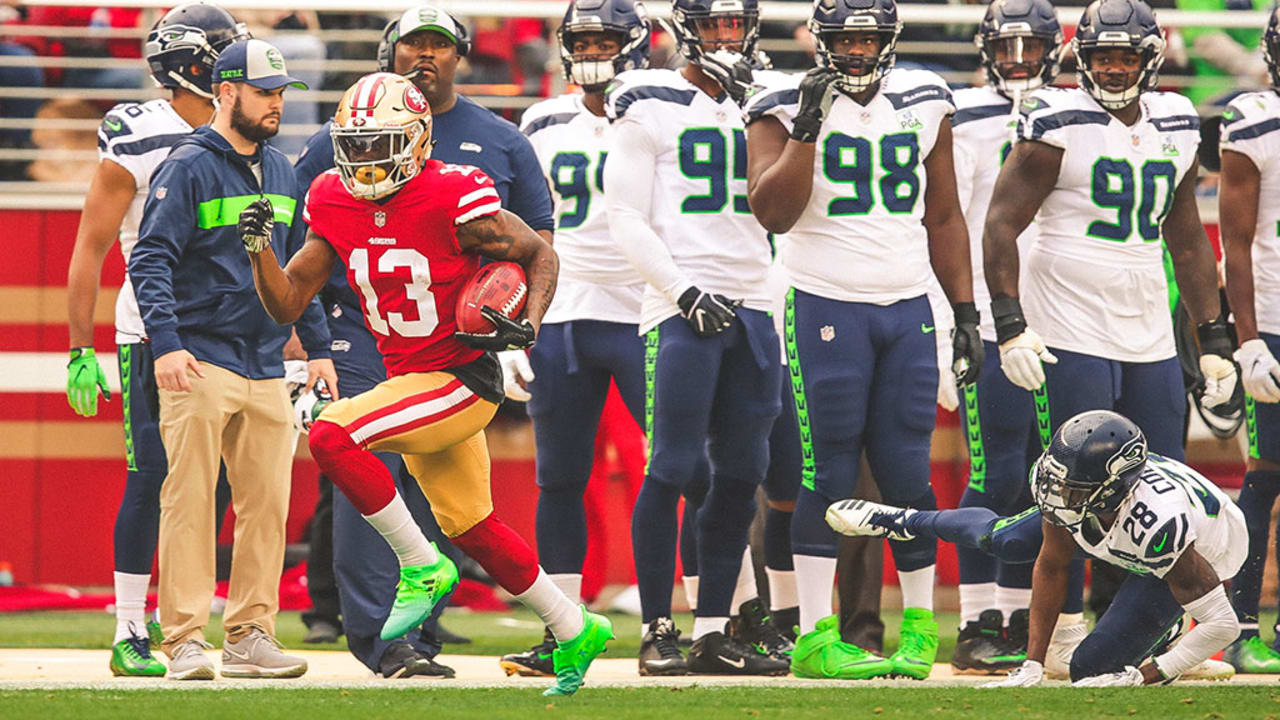 San Francisco 49ers wide receiver Richie James (13) reacts after