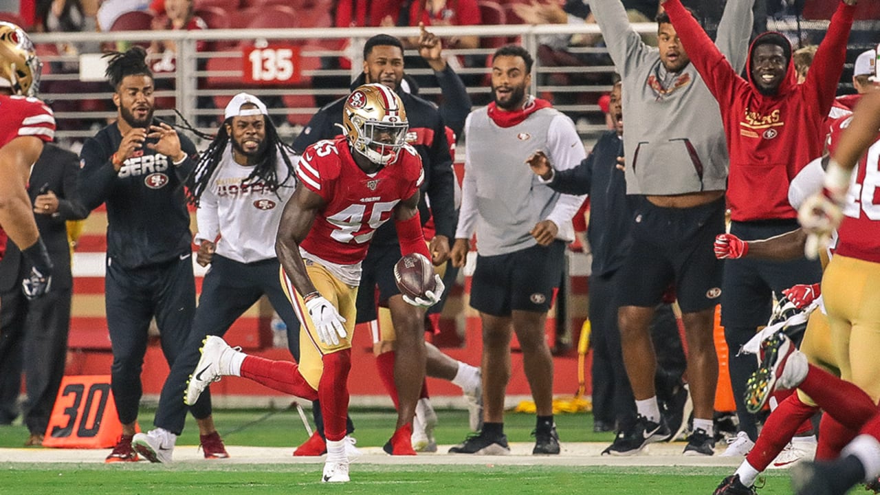 San Francisco 49ers linebacker Demetrius Flannigan-Fowles (45) against the  Los Angeles Rams in an NFL football game, Sunday, Oct. 30, 2022, in  Inglewood, Calif. The 49ers won 31-14. (AP Photo/Jeff Lewis Stock