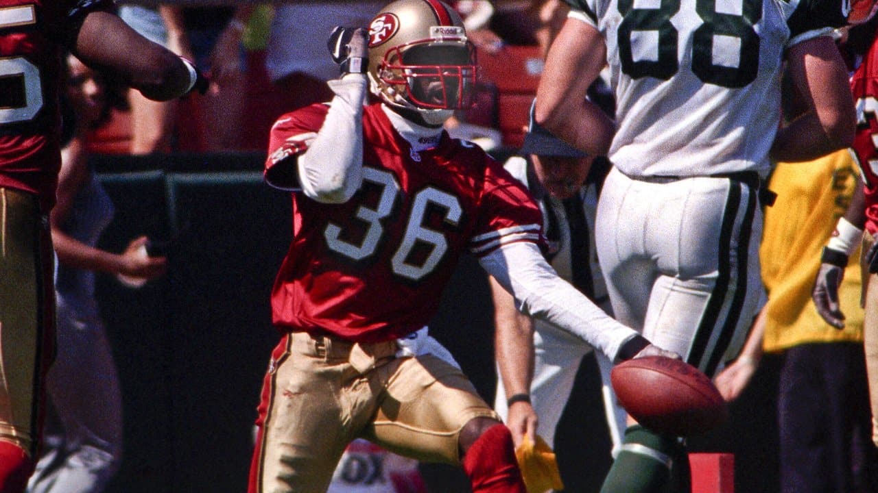 Safety Merton Hanks #36 of the San Francisco 49ers in action.Circa