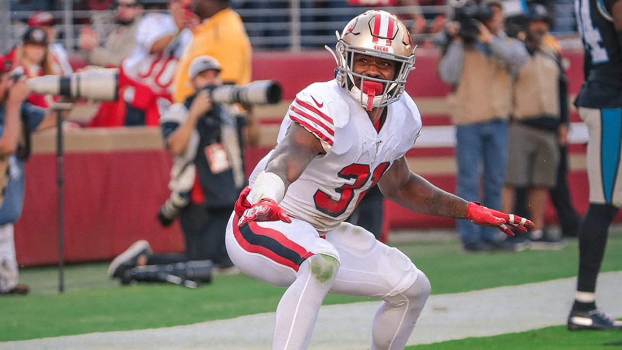 Raheem Mostert of the San Francisco 49ers celebrates with the