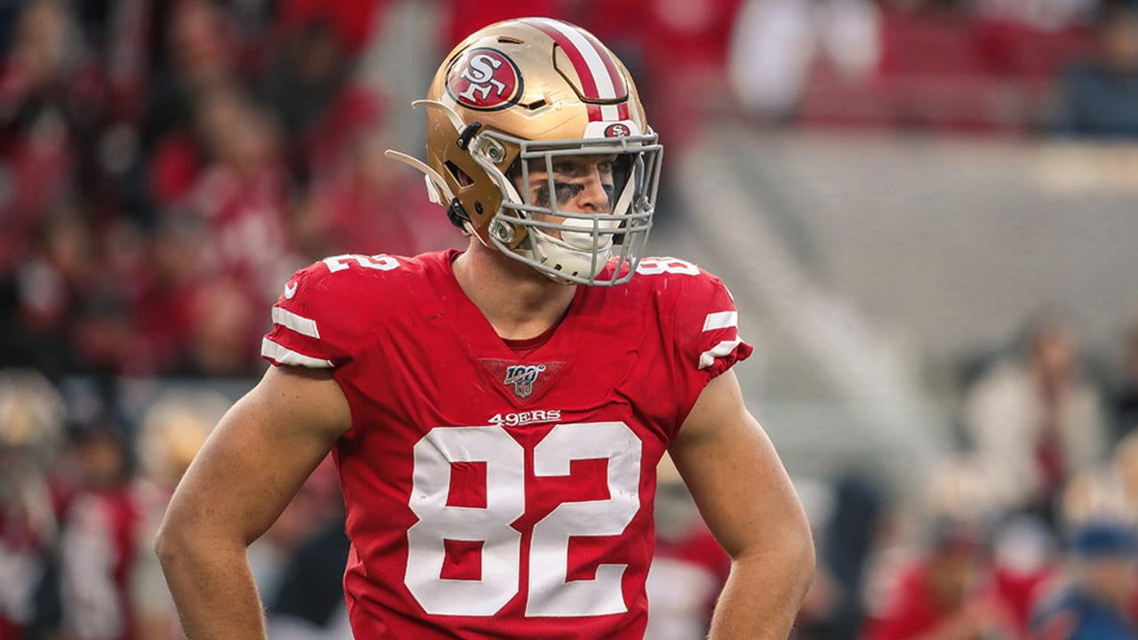 SANTA CLARA, CA - OCTOBER 18: San Francisco 49ers Tight End Ross Dwelley (82)  rests during warmup