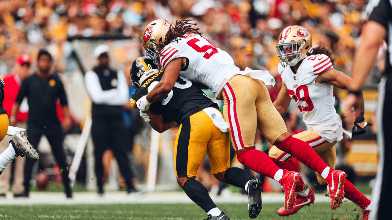 Fred Warner of the San Francisco 49ers lines up to defend during an in  2023