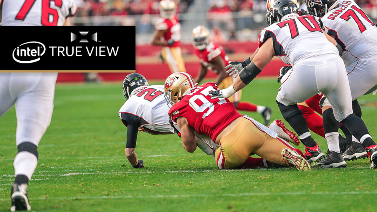 Atlanta Falcons quarterback Matt Ryan (2) is hit by San Francisco 49ers  defensive end Arden Key, top, who was called for a penalty on the play, and  defensive end Nick Bosa, bottom