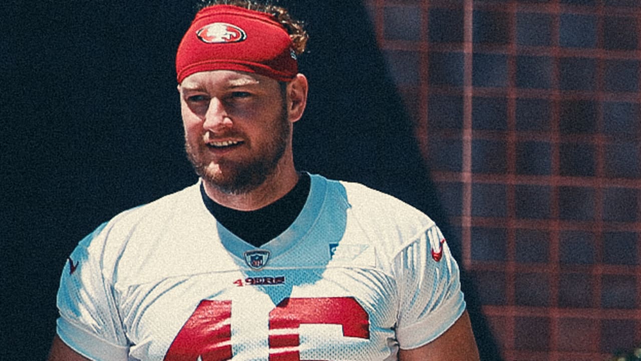 San Francisco 49ers long snapper Taybor Pepper (46) stands on the field  with punter Mitch Wishnowsky (18) before an NFL football game against the  Tampa Bay Buccaneers, Sunday, Dec.11, 2022, in Santa