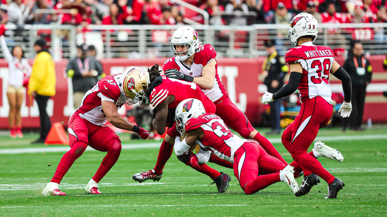 49ers wide receiver Brandon Aiyuk hurdles for touchdown, shows