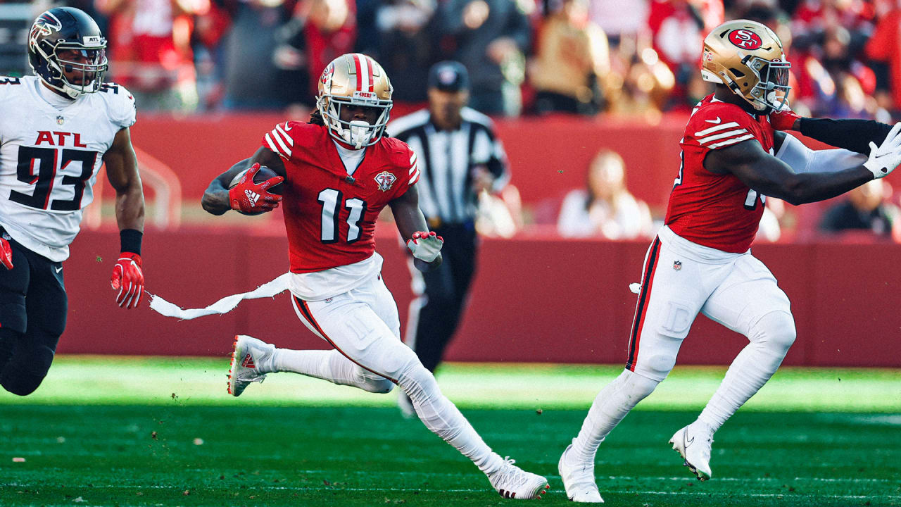 San Francisco 49ers wide receiver Brandon Aiyuk (11) runs during an NFL  divisional round playoff football game against the Dallas Cowboys, Sunday,  Jan. 22, 2023, in Santa Clara, Calif. (AP Photo/Scot Tucker