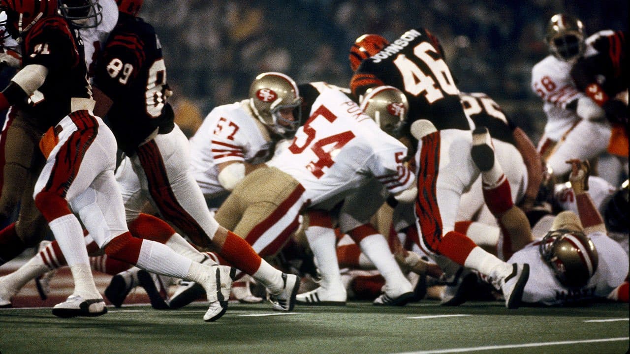 San Francisco 49ers celebrate their third quarter goal line stance that  stopped a Cincinnati Bengals scoring threat from within the one-yard-line,  on a fourth down situation, during Super Bowl XVI in Pontiac