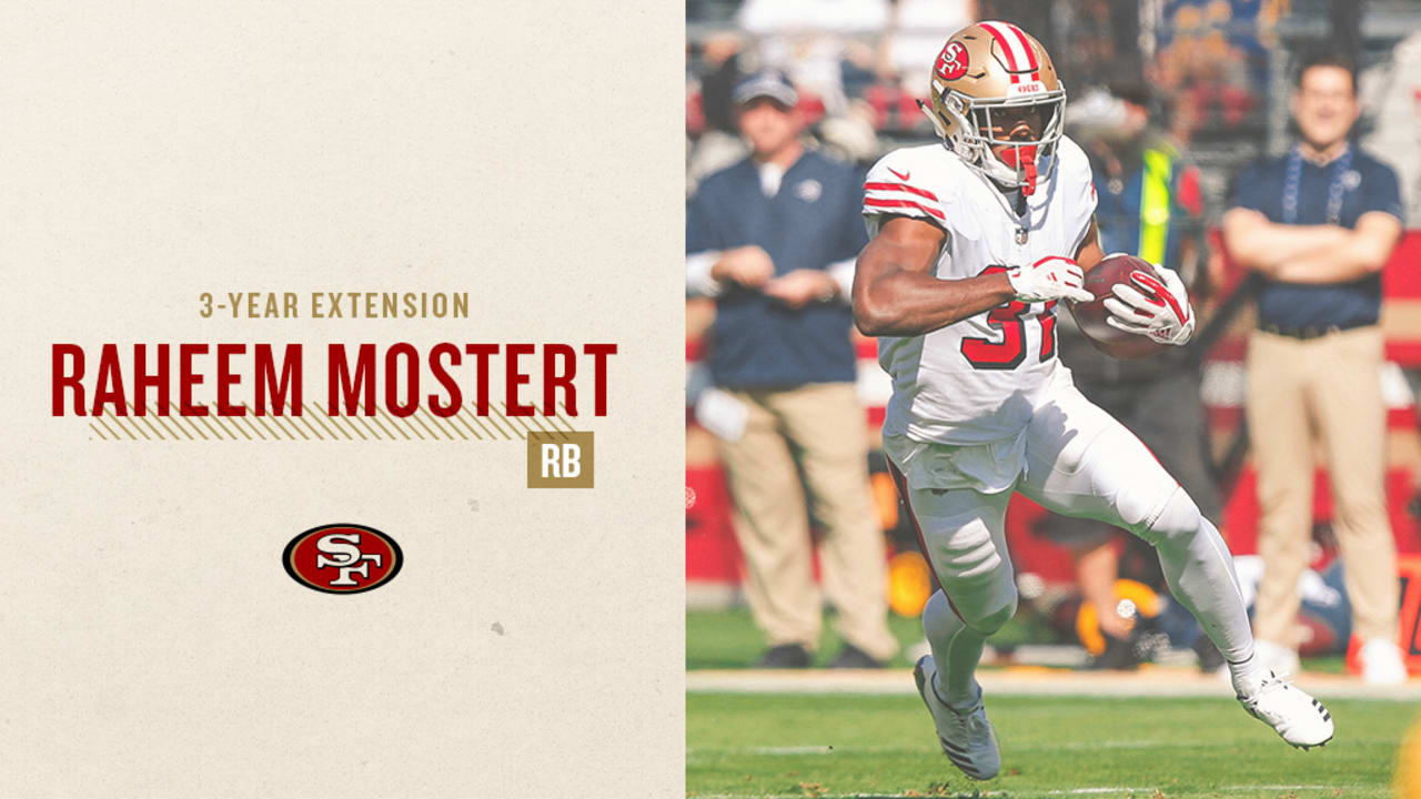 San Francisco 49ers running back Raheem Mostert stiff-arms Las