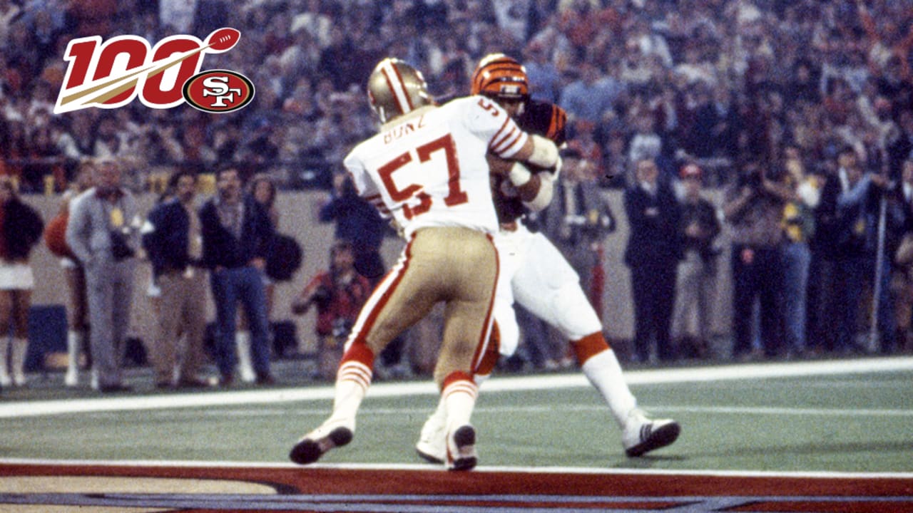 San Francisco 49ers celebrate their third quarter goal line stance that  stopped a Cincinnati Bengals scoring threat from within the one-yard-line,  on a fourth down situation, during Super Bowl XVI in Pontiac