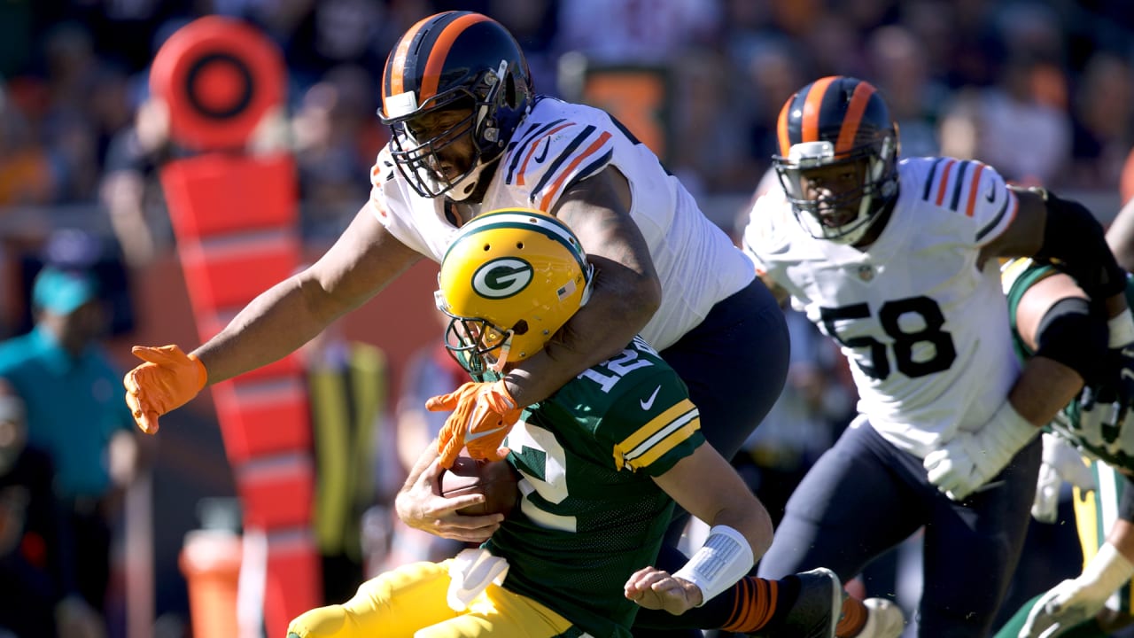 Green Bay Packers quarterback Aaron Rodgers (12) is sacked by Chicago Bears defensive tackle Akiem Hicks (96) in the third quarter during their football game Sunday, October 17, 2021, at Soldier Field in Chicago, Ill. Green Bay won 24-14.Dan Powers/USA TODAY NETWORK-Wisconsin Apc Packvsbears 1017211163djp. (Cincinnati Bengals)