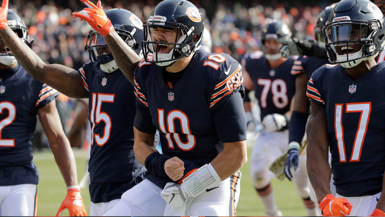 Chicago Bears quarterback Mitch Trubisky (10) celebrates with fans