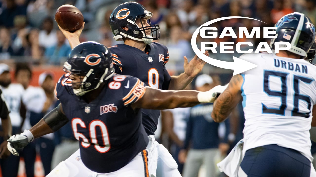 Chicago Bears defensive back Tre Roberson, left, scores a touchdown after  intercepting a pass against the Tennessee Titans in the first half of a  preseason NFL football game Saturday, Aug. 28, 2021