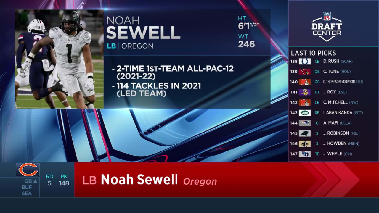 With the 148th pick in the 2023 NFL Draft, the Chicago Bears select Noah  Sewell, linebacker out of Oregon. Welcome to Chicago, @b1essah…