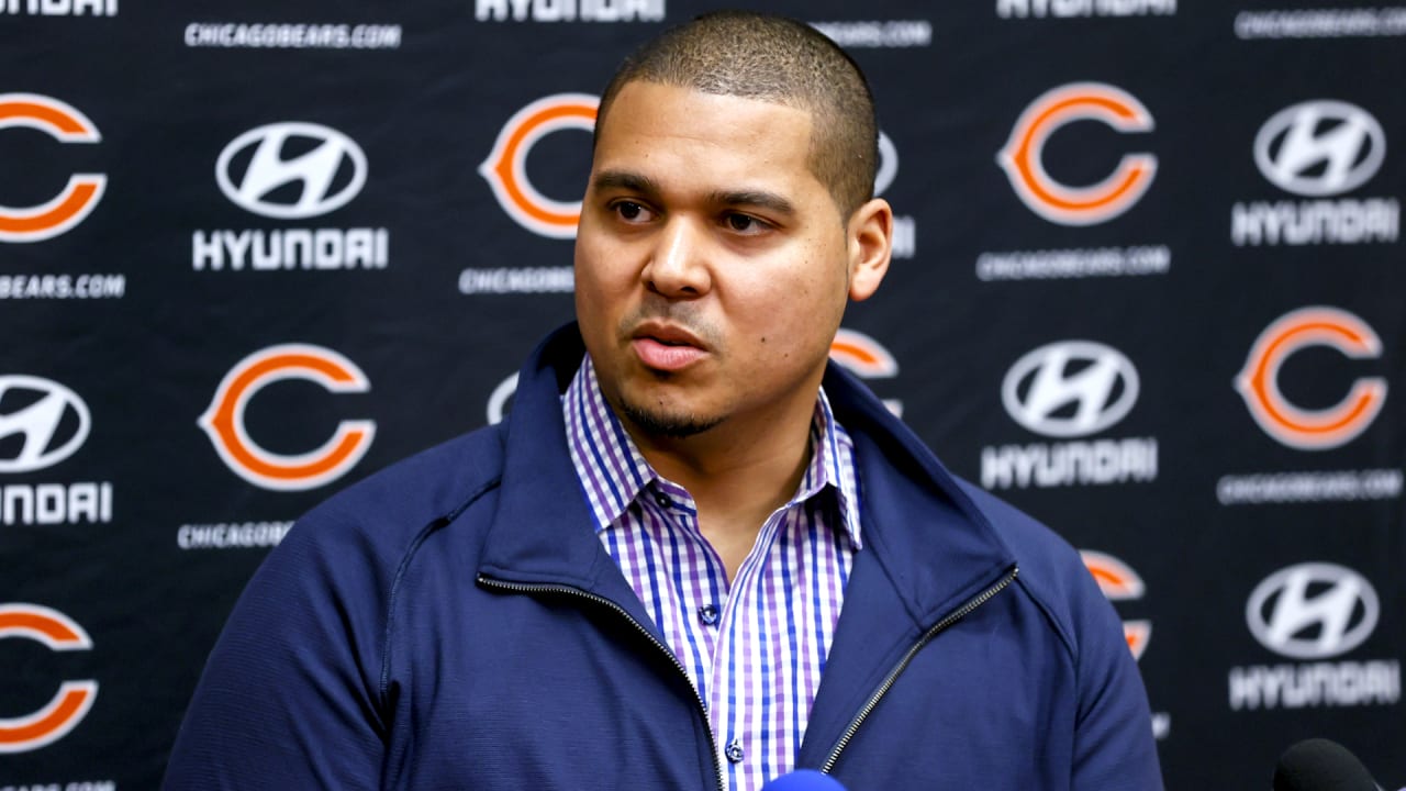 Chicago Bears first-year general manager Ryan Poles watches warm ups before  a preseason NFL football game between the Chicago Bears and Kansas City  Chiefs, Saturday, Aug. 13, 2022, in Chicago. (AP Photo/Kamil