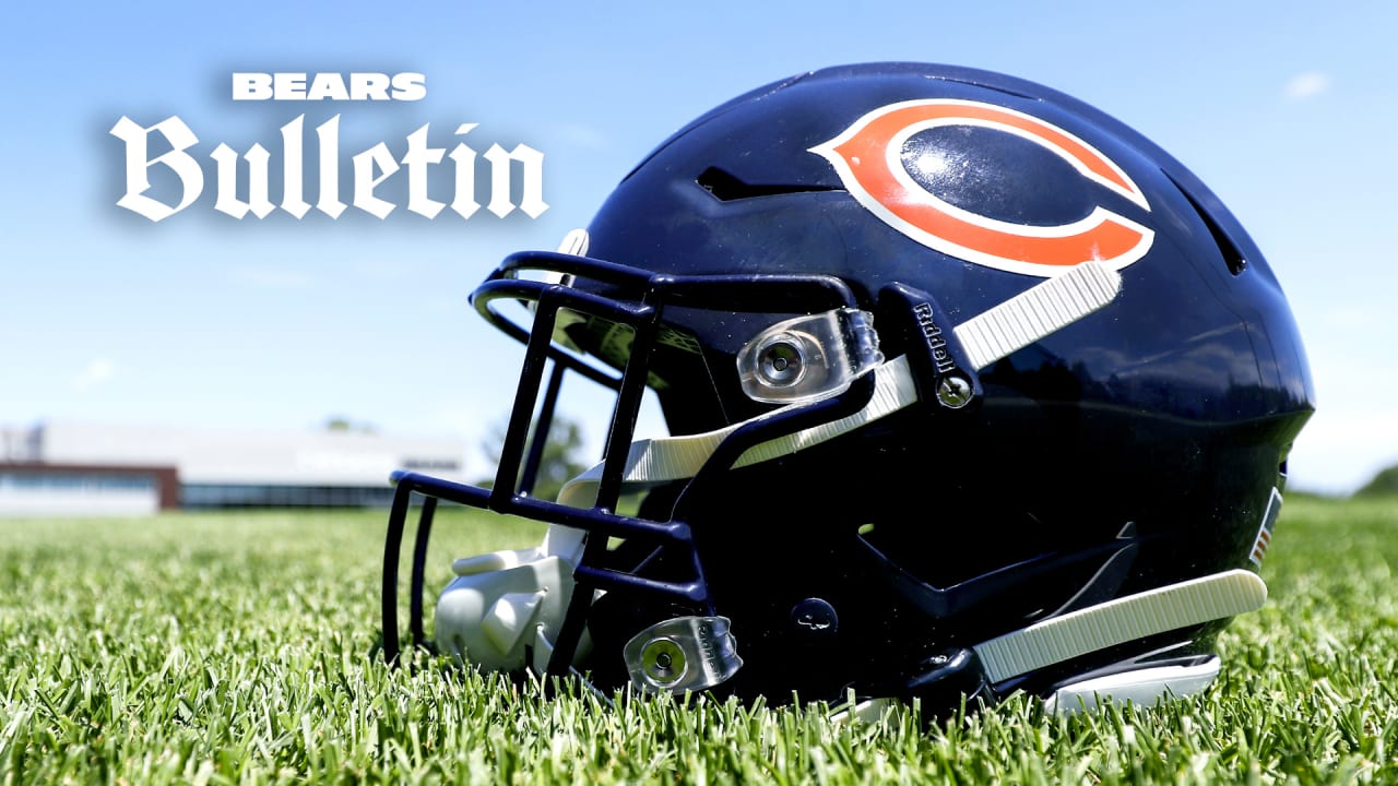 A detail view of a Chicago Bears helmet is seen resting on a