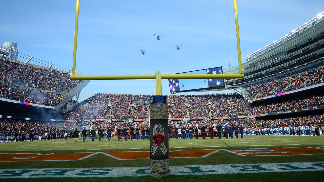 Salute to Service military appreciation logo is prominently displayed on  the goalpost during an NFL football game between the Tennessee Titans and  the Chicago Bears Sunday, Nov. 8, 2020, in Nashville, Tenn.