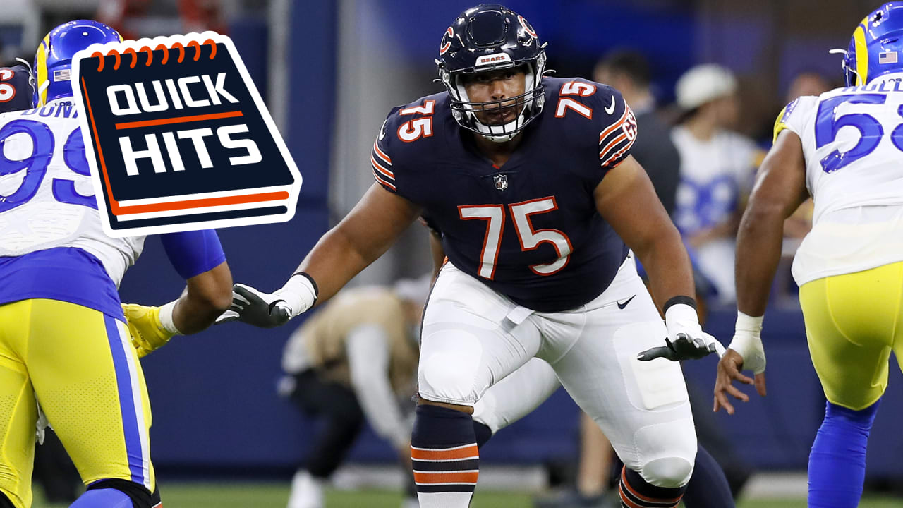 larry borom back at practice injury report justin fields jimbo covert to receive hof ring chicago bears quick hits