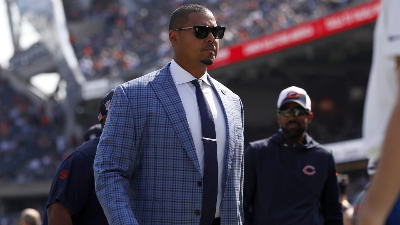 Chicago Bears first-year general manager Ryan Poles watches warm ups before  a preseason NFL football game between the Chicago Bears and Kansas City  Chiefs, Saturday, Aug. 13, 2022, in Chicago. (AP Photo/Kamil