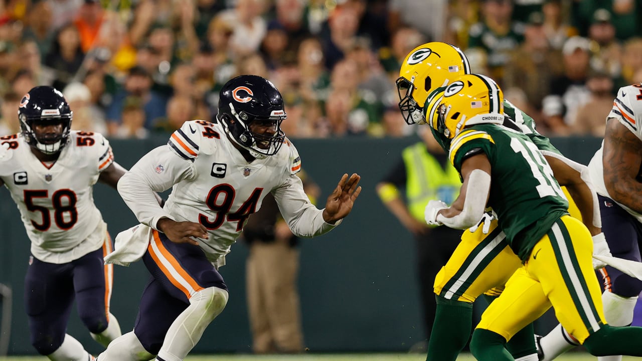 FILE - Chicago Bears defensive end Robert Quinn (94) rushes during the  first half of an NFL football game against the New England Patriots,  Monday, Oct. 24, 2022, in Foxborough, Mass. The